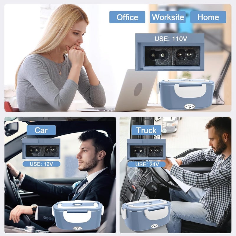 HOLDRUBY Electric Heated Lunch Boxes Adults: 80W Electric Lunch Box Food Heated 12/24/110V 1.5L Heatable Lunch Box for Car/Truck/Office Leak-Proof Stainless Steel Container,Fork & Spoon,Bag (Light Blue+White) - Image 2